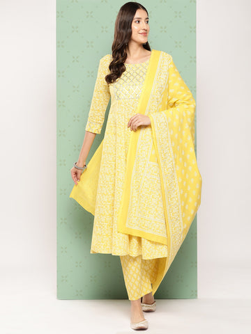 Jaitpuriya Women Yellow Floral Anarkali Kurta Pant and Dupatta Set