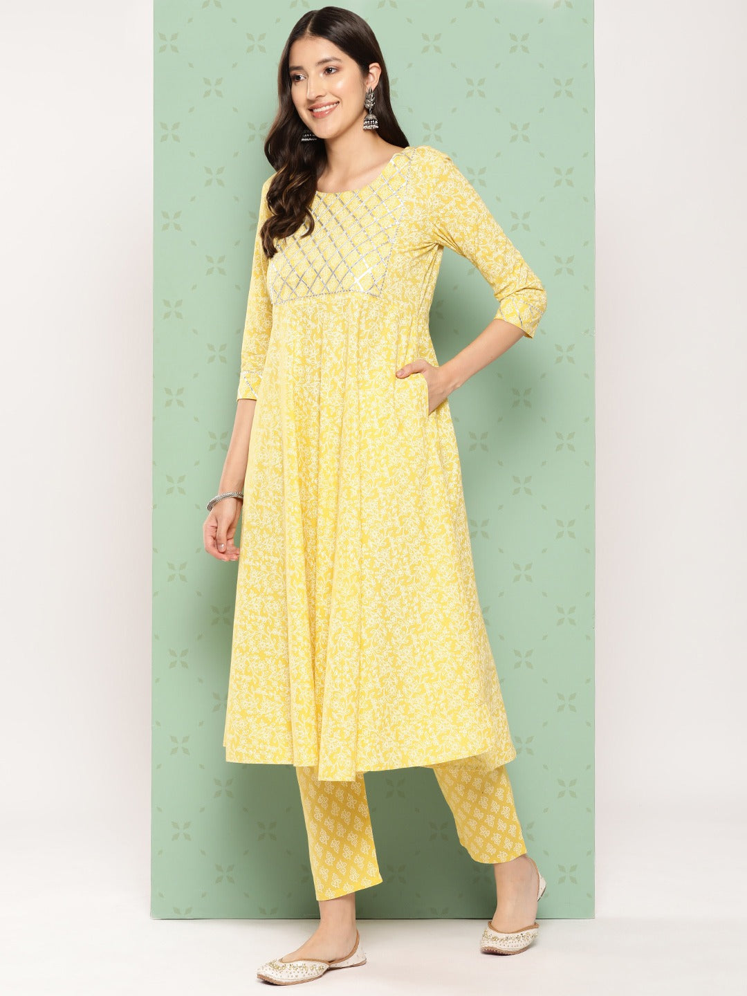 Jaitpuriya Women Yellow Floral Anarkali Kurta Pant and Dupatta Set