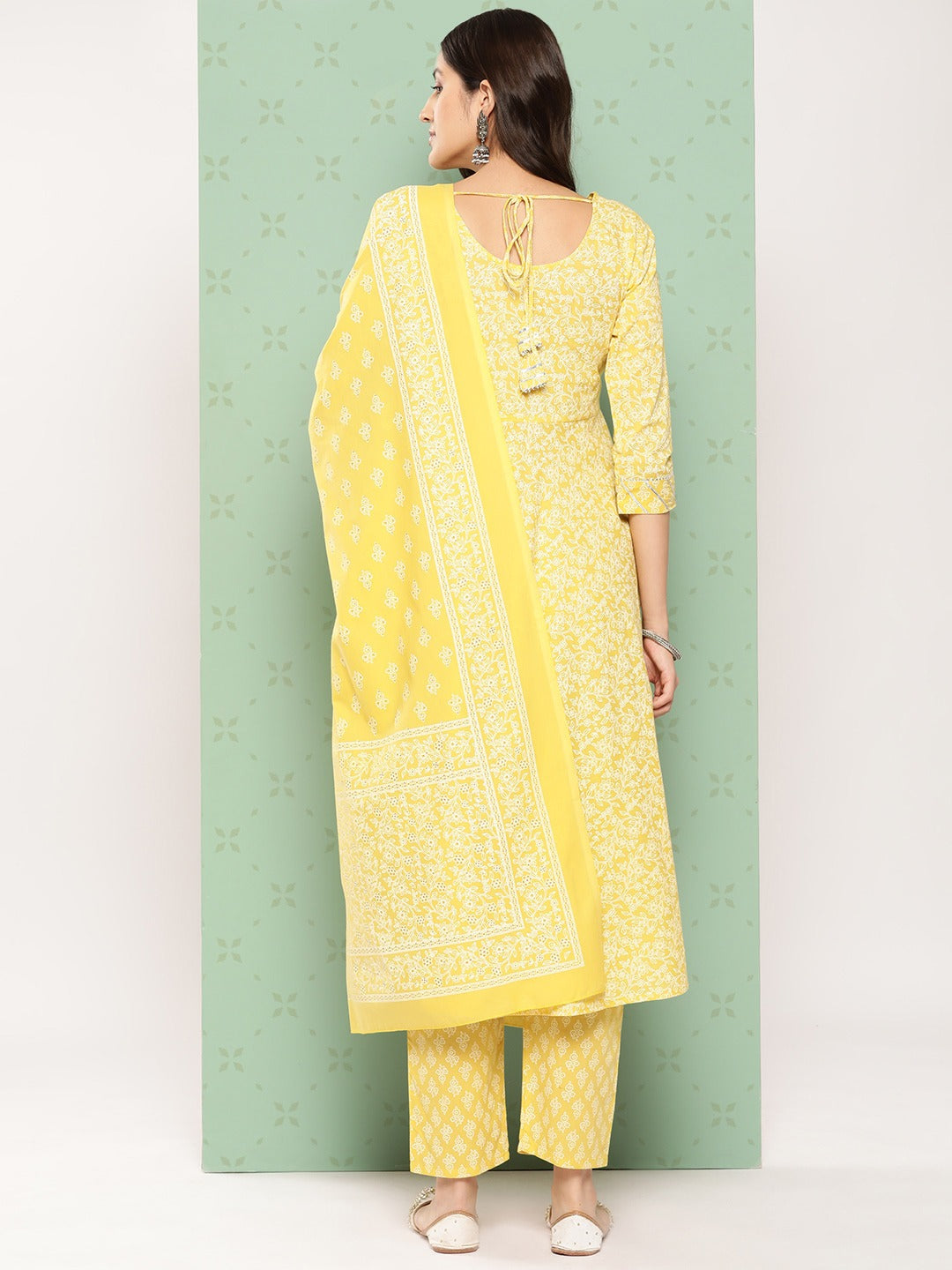 Jaitpuriya Women Yellow Floral Anarkali Kurta Pant and Dupatta Set