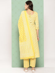 Jaitpuriya Women Yellow Floral Anarkali Kurta Pant and Dupatta Set