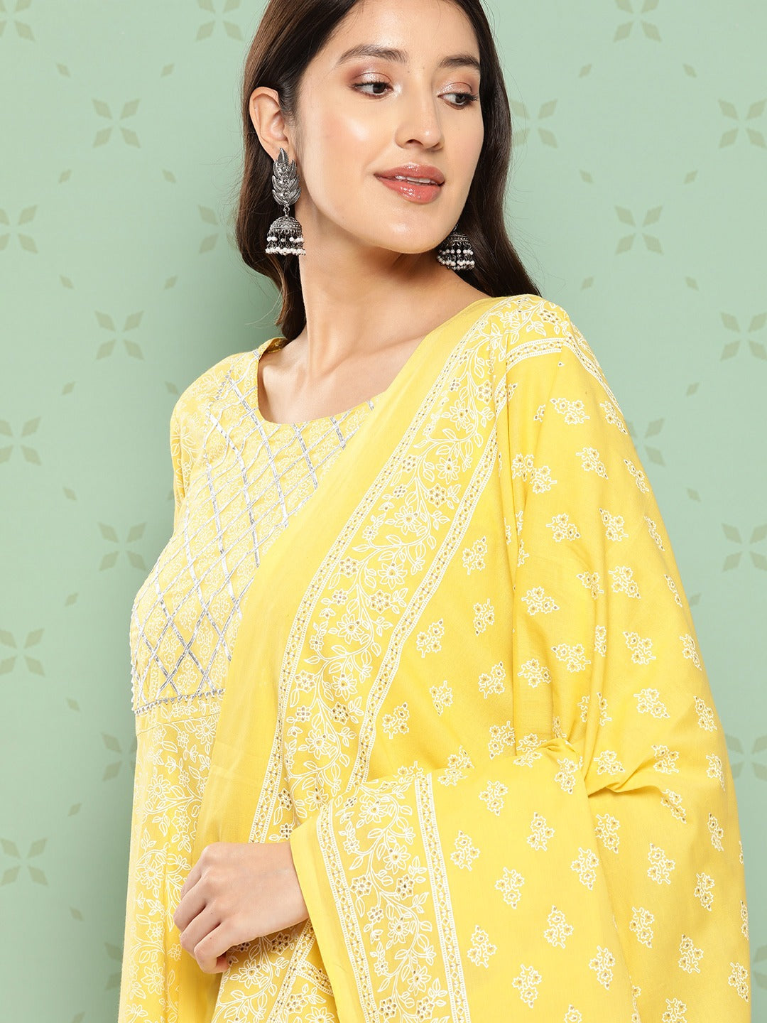 Jaitpuriya Women Yellow Floral Anarkali Kurta Pant and Dupatta Set