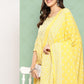 Jaitpuriya Women Yellow Floral Anarkali Kurta Pant and Dupatta Set