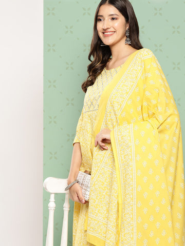 Jaitpuriya Women Yellow Floral Anarkali Kurta Pant and Dupatta Set