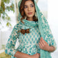 Turquoise blue leaf print Anarkali Kurta Pant and Dupatta Set