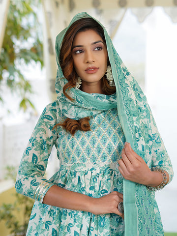 Turquoise blue leaf print Anarkali Kurta Pant and Dupatta Set