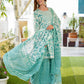 Turquoise blue leaf print Anarkali Kurta Pant and Dupatta Set