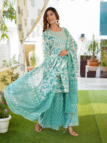 Turquoise blue leaf print Anarkali Kurta Pant and Dupatta Set