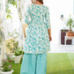 Turquoise blue leaf print Anarkali Kurta Pant and Dupatta Set