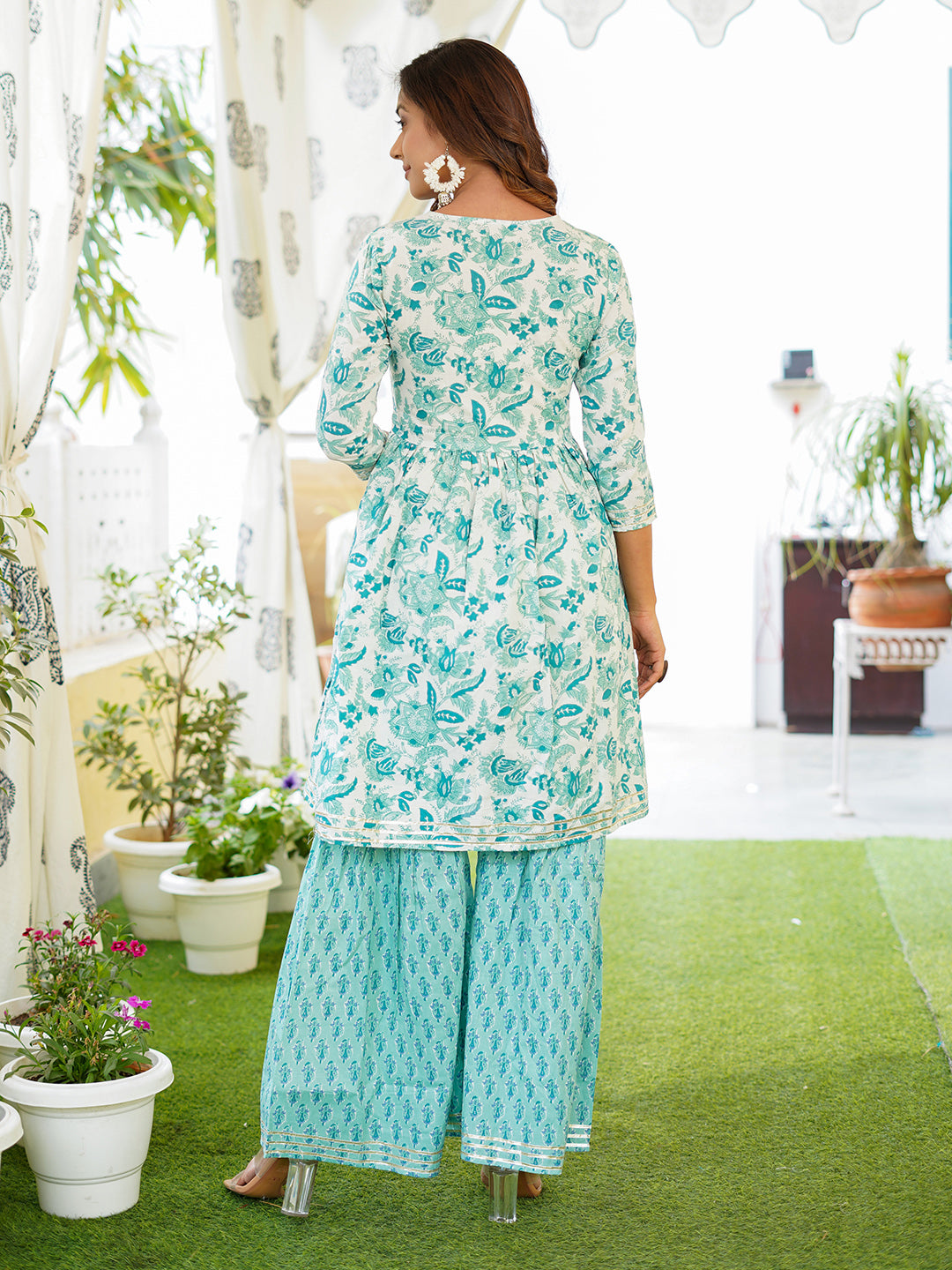 Turquoise blue leaf print Anarkali Kurta Pant and Dupatta Set