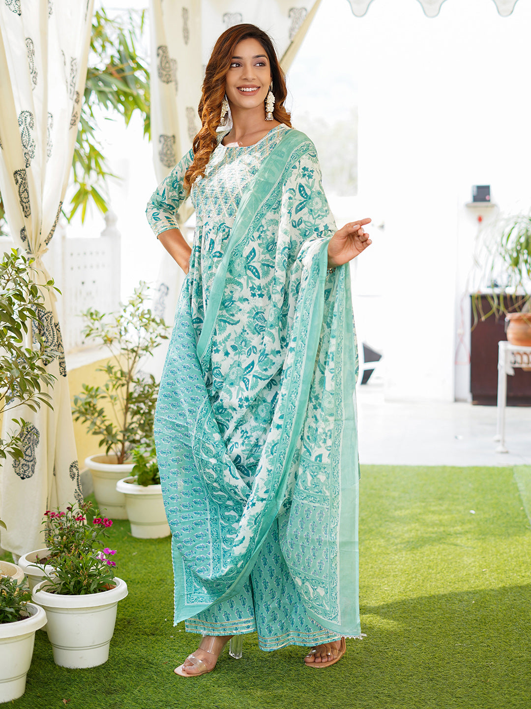 Turquoise blue leaf print Anarkali Kurta Pant and Dupatta Set