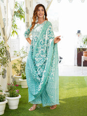 Turquoise blue leaf print Anarkali Kurta Pant and Dupatta Set
