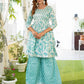 Turquoise blue leaf print Anarkali Kurta Pant and Dupatta Set