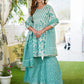 Turquoise blue leaf print Anarkali Kurta Pant and Dupatta Set