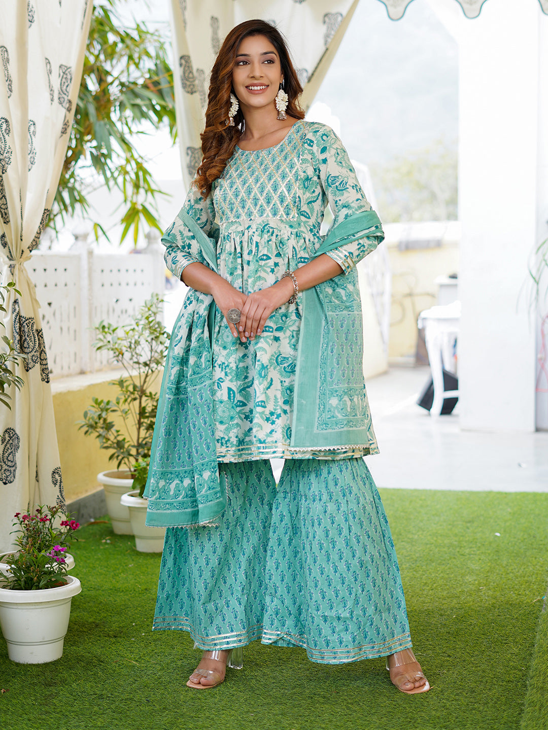 Turquoise blue leaf print Anarkali Kurta Pant and Dupatta Set