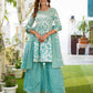 Turquoise blue leaf print Anarkali Kurta Pant and Dupatta Set