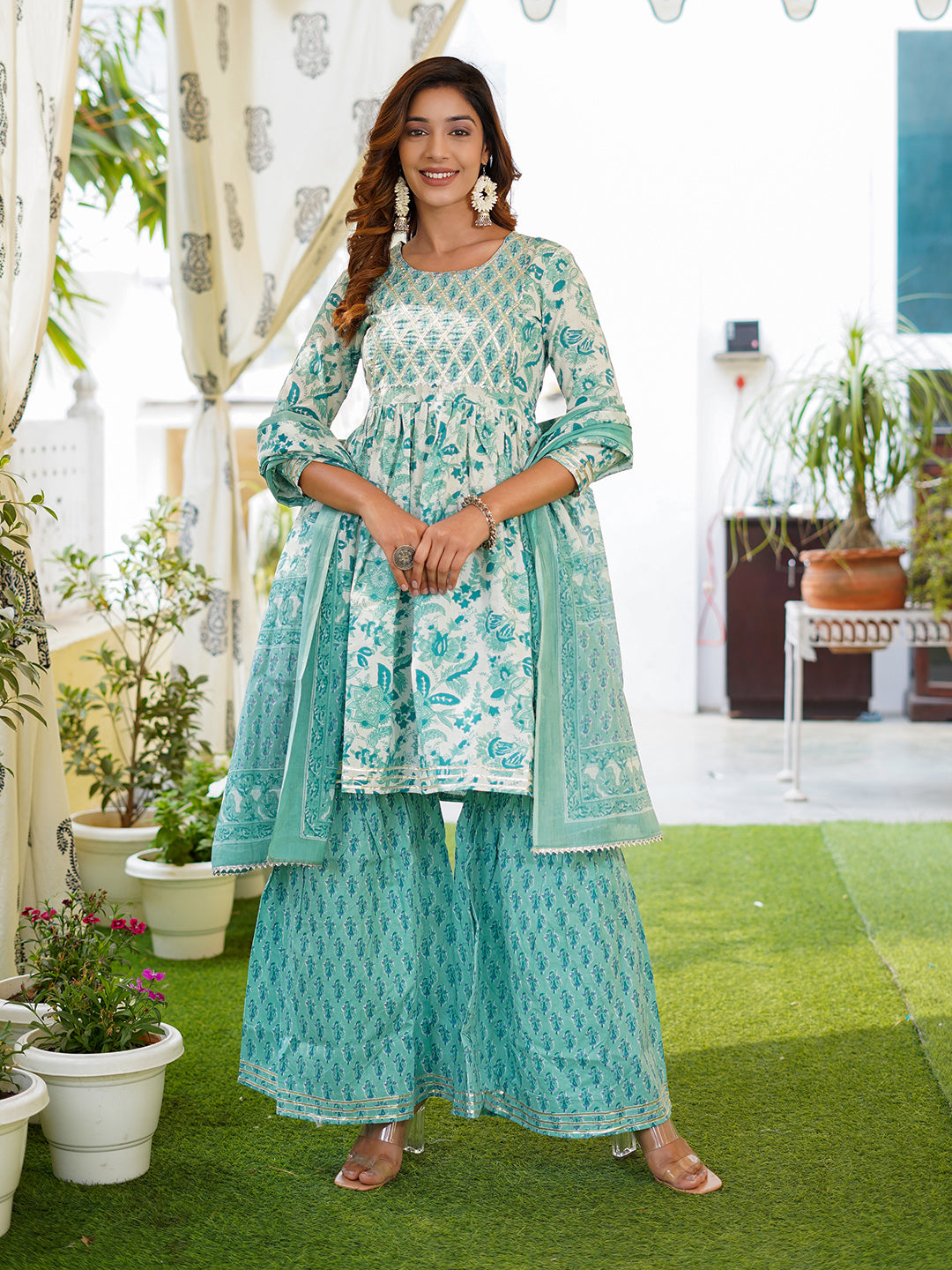 Turquoise blue leaf print Anarkali Kurta Pant and Dupatta Set