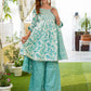 Turquoise blue leaf print Anarkali Kurta Pant and Dupatta Set