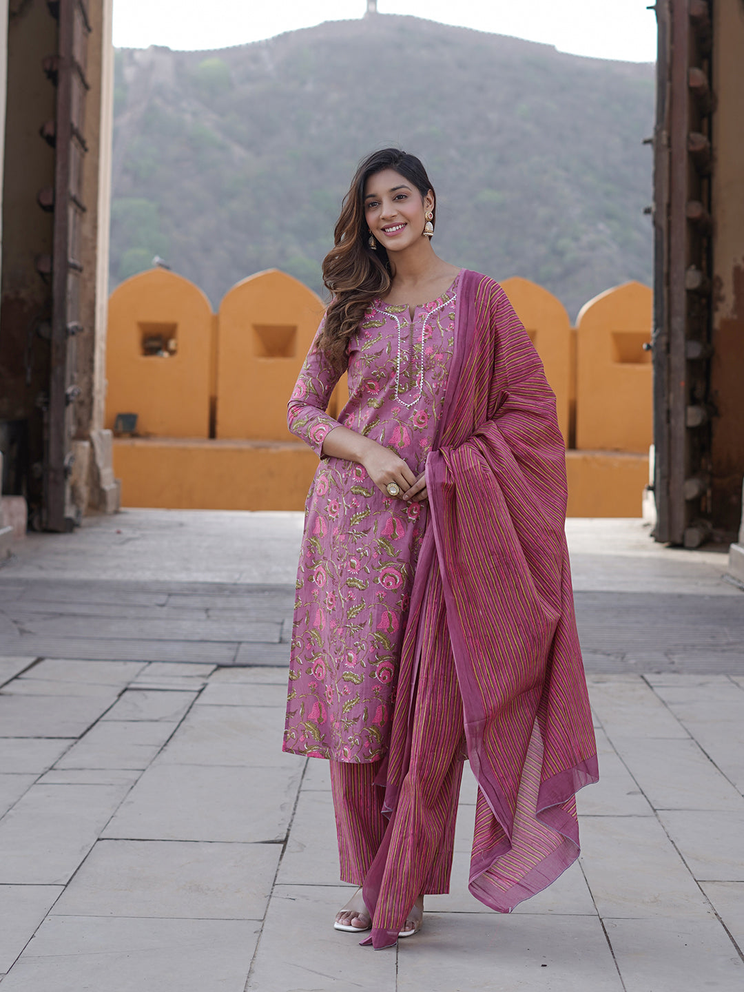 Mauve printed Kurta with Trousers & dupatta