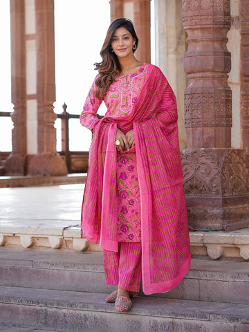 Pink Printed Kurta with Trousers & dupatta