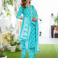 Jaitpuriya Women Turquoise Foli Print Straight Kurta Pant and Dupatta Set