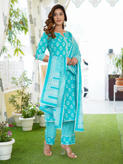Jaitpuriya Women Turquoise Foli Print Straight Kurta Pant and Dupatta Set