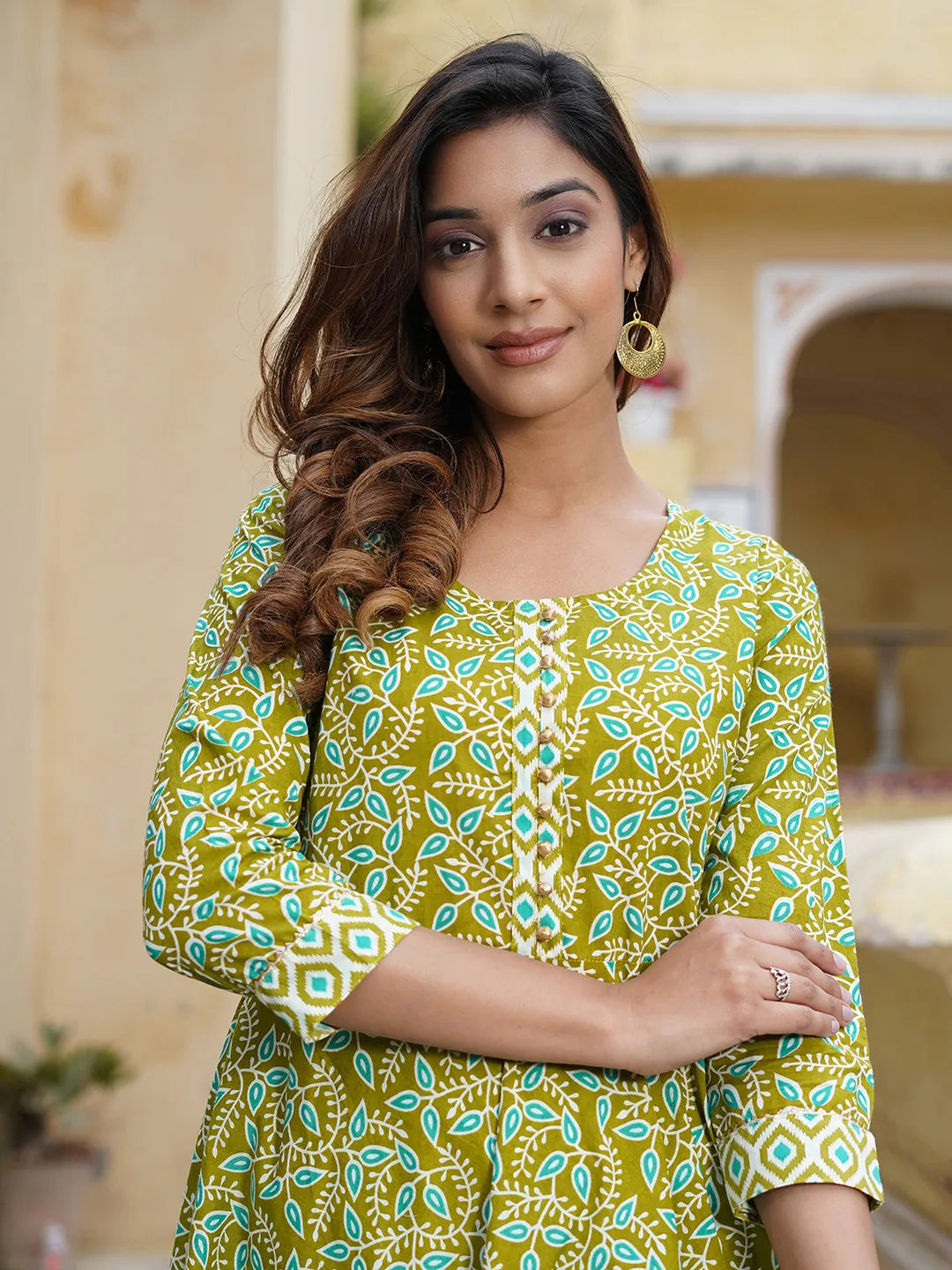 Jaitpuriya Women Green Foli Print Anarkali Kurta Pant and Dupatta Set