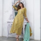 Jaitpuriya Women Mustard Foli Print Anarkali Kurta Pant and Dupatta Set