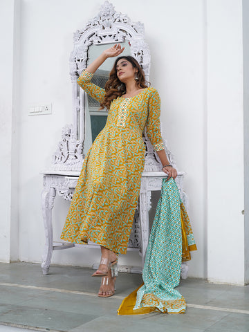 Jaitpuriya Women Mustard Foli Print Anarkali Kurta Pant and Dupatta Set