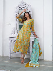 Jaitpuriya Women Mustard Foli Print Anarkali Kurta Pant and Dupatta Set