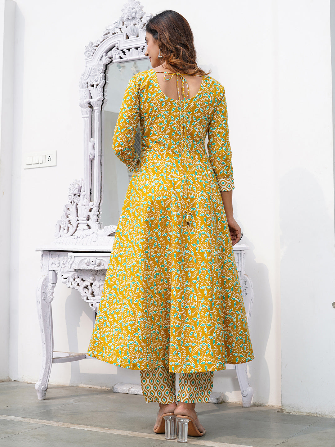 Jaitpuriya Women Mustard Foli Print Anarkali Kurta Pant and Dupatta Set