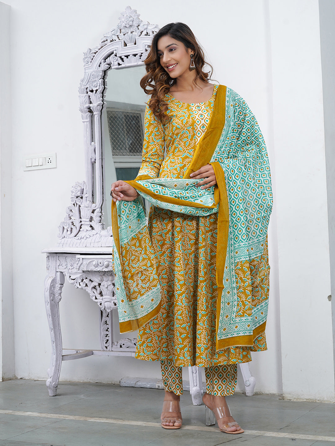 Jaitpuriya Women Mustard Foli Print Anarkali Kurta Pant and Dupatta Set