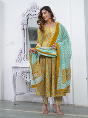 Jaitpuriya Women Mustard Foli Print Anarkali Kurta Pant and Dupatta Set