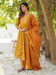 Jaitpuriya Floral Printed Gotta Patti Pure Cotton Kurta with Trousers & Dupatta