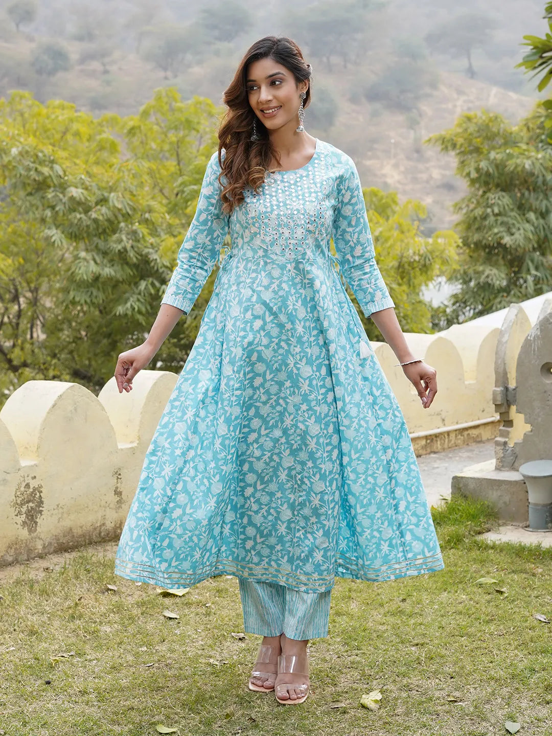 Jaitpuriya Women Blue Floral Anarkali Kurta Pant and Dupatta Set