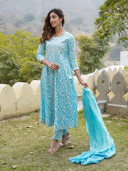 Jaitpuriya Women Blue Floral Anarkali Kurta Pant and Dupatta Set
