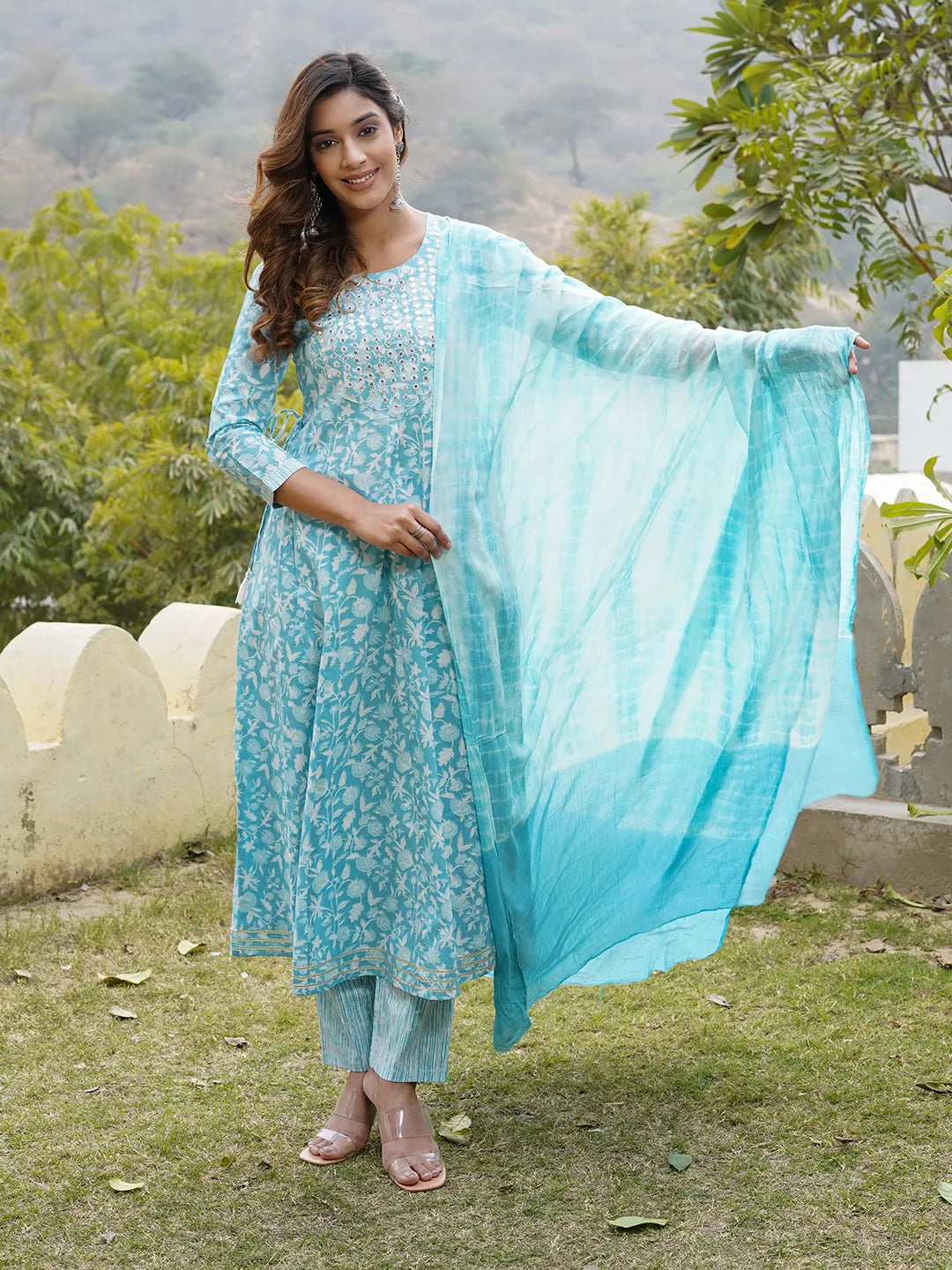 Jaitpuriya Women Blue Floral Anarkali Kurta Pant and Dupatta Set