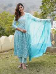 Jaitpuriya Women Blue Floral Anarkali Kurta Pant and Dupatta Set