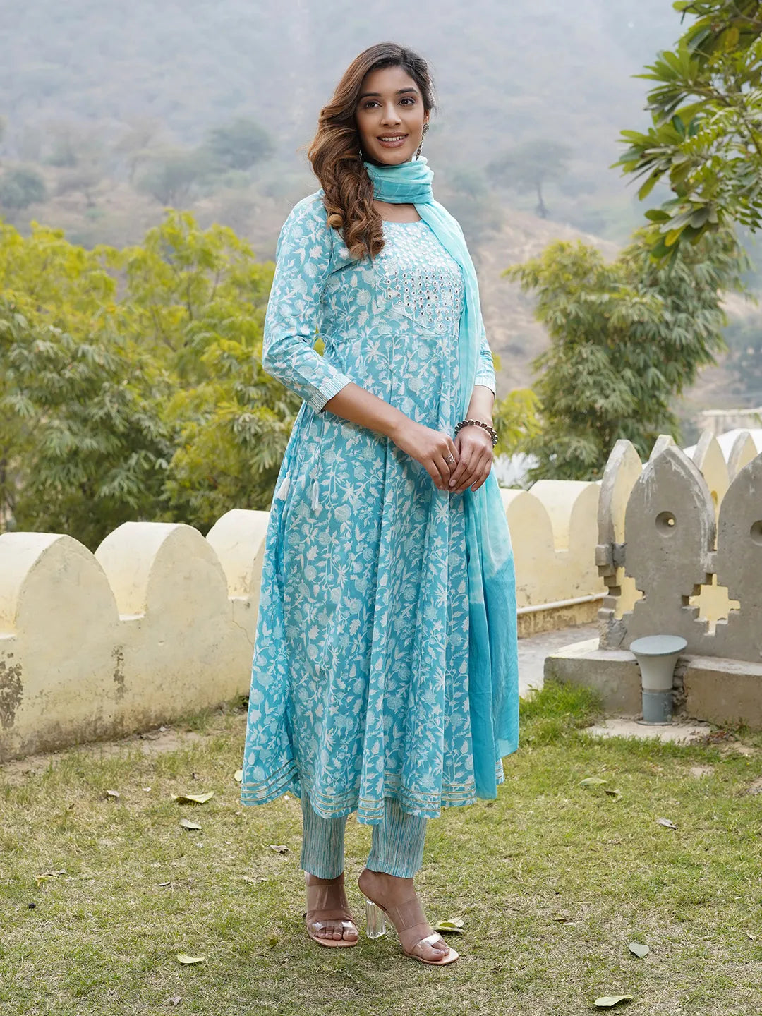 Jaitpuriya Women Blue Floral Anarkali Kurta Pant and Dupatta Set