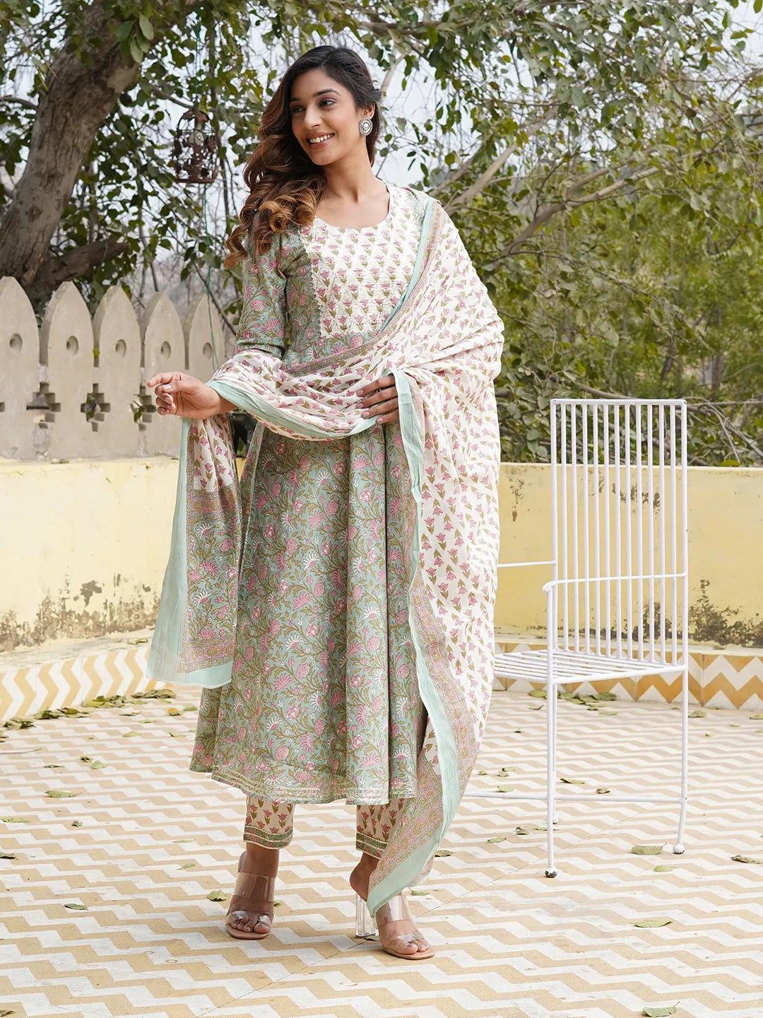 Jaitpuriya Women Teal Floral Anarkali Kurta Pant and Dupatta Set