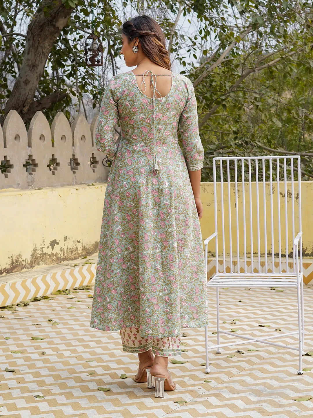 Jaitpuriya Women Teal Floral Anarkali Kurta Pant and Dupatta Set