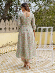 Jaitpuriya Women Teal Floral Anarkali Kurta Pant and Dupatta Set
