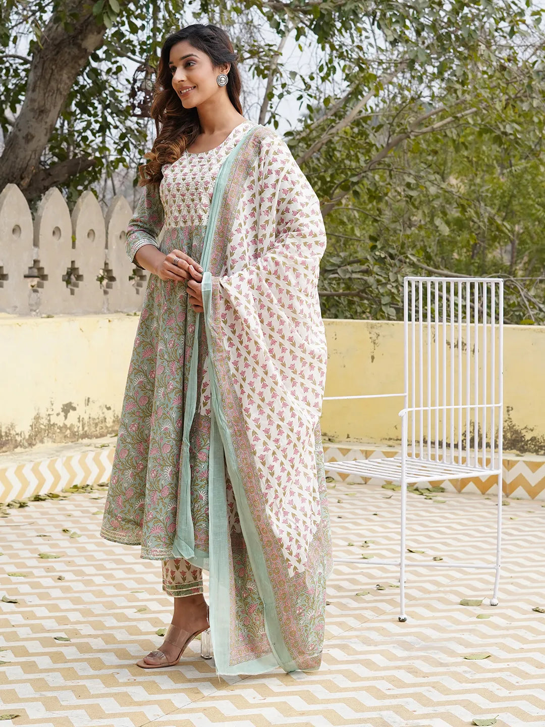 Jaitpuriya Women Teal Floral Anarkali Kurta Pant and Dupatta Set