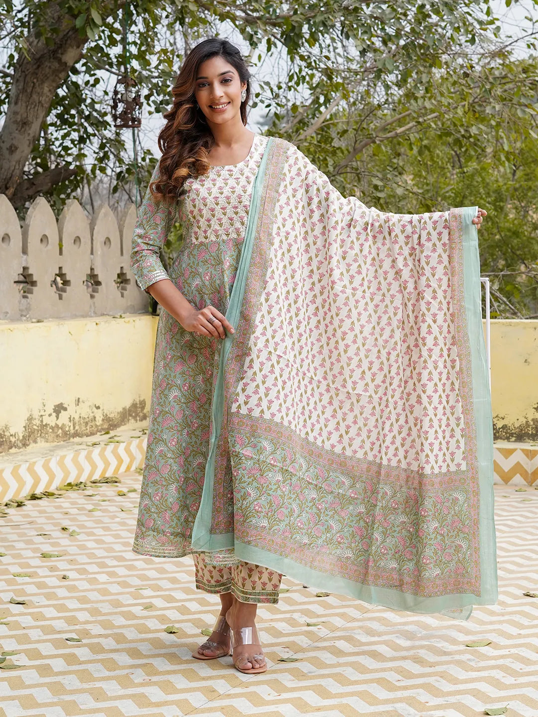 Jaitpuriya Women Teal Floral Anarkali Kurta Pant and Dupatta Set