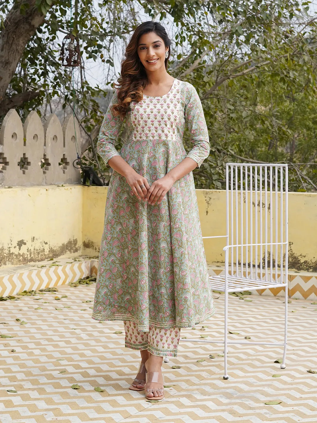 Jaitpuriya Women Teal Floral Anarkali Kurta Pant and Dupatta Set