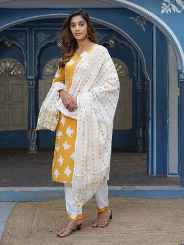 Jaitpuriya Women Yellow Bird Print Straight Kurta Pant and Dupatta Set