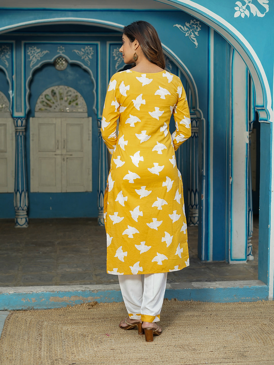 Jaitpuriya Women Yellow Bird Print Straight Kurta Pant and Dupatta Set