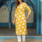 Jaitpuriya Women Yellow Bird Print Straight Kurta Pant and Dupatta Set