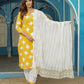 Jaitpuriya Women Yellow Bird Print Straight Kurta Pant and Dupatta Set