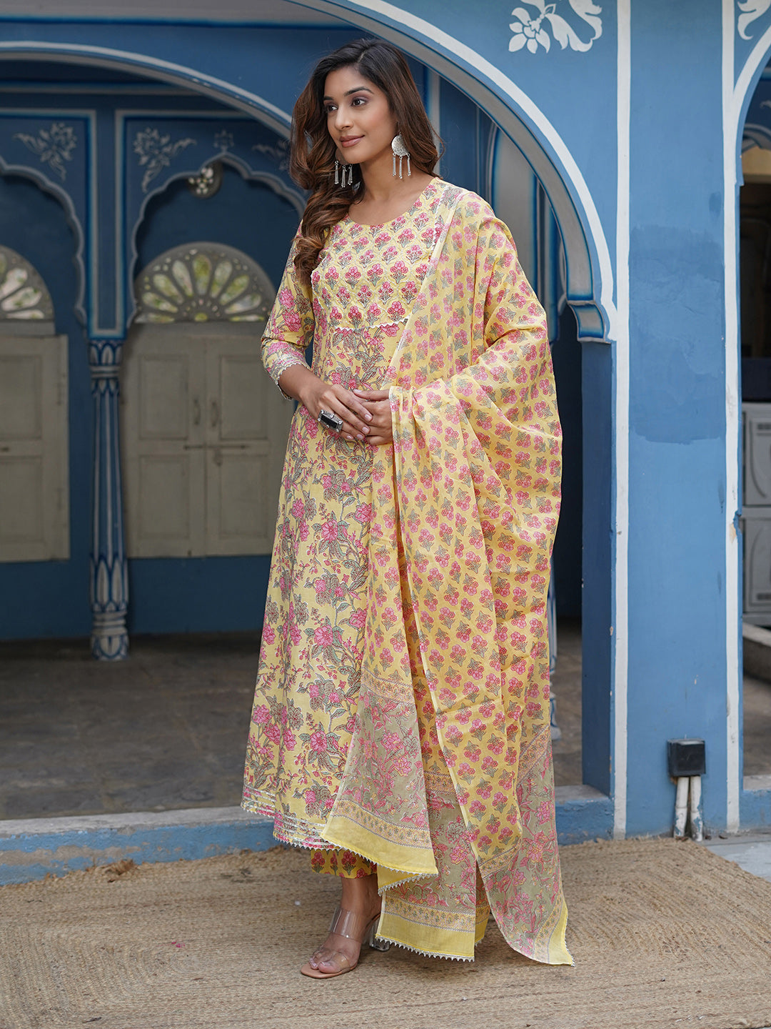 Jaitpuriya Women Mustard Floral A line Kurta Pant and Dupatta Set