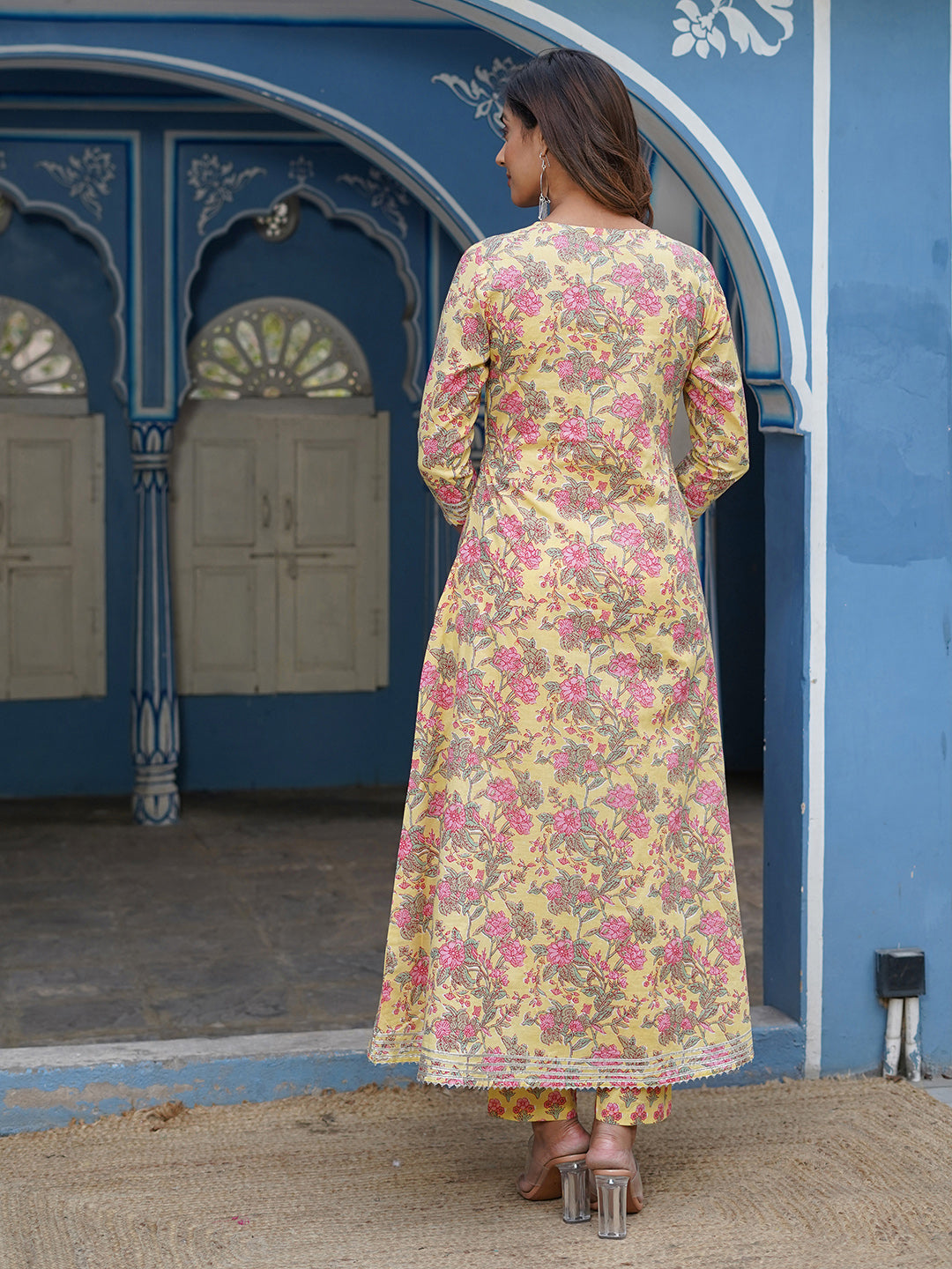 Jaitpuriya Women Mustard Floral A line Kurta Pant and Dupatta Set